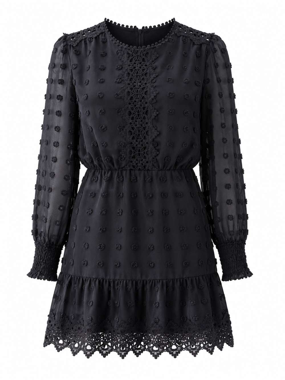 Lulu's Black Swiss Dot Lace-Trim Long Sleeve Dress, M
